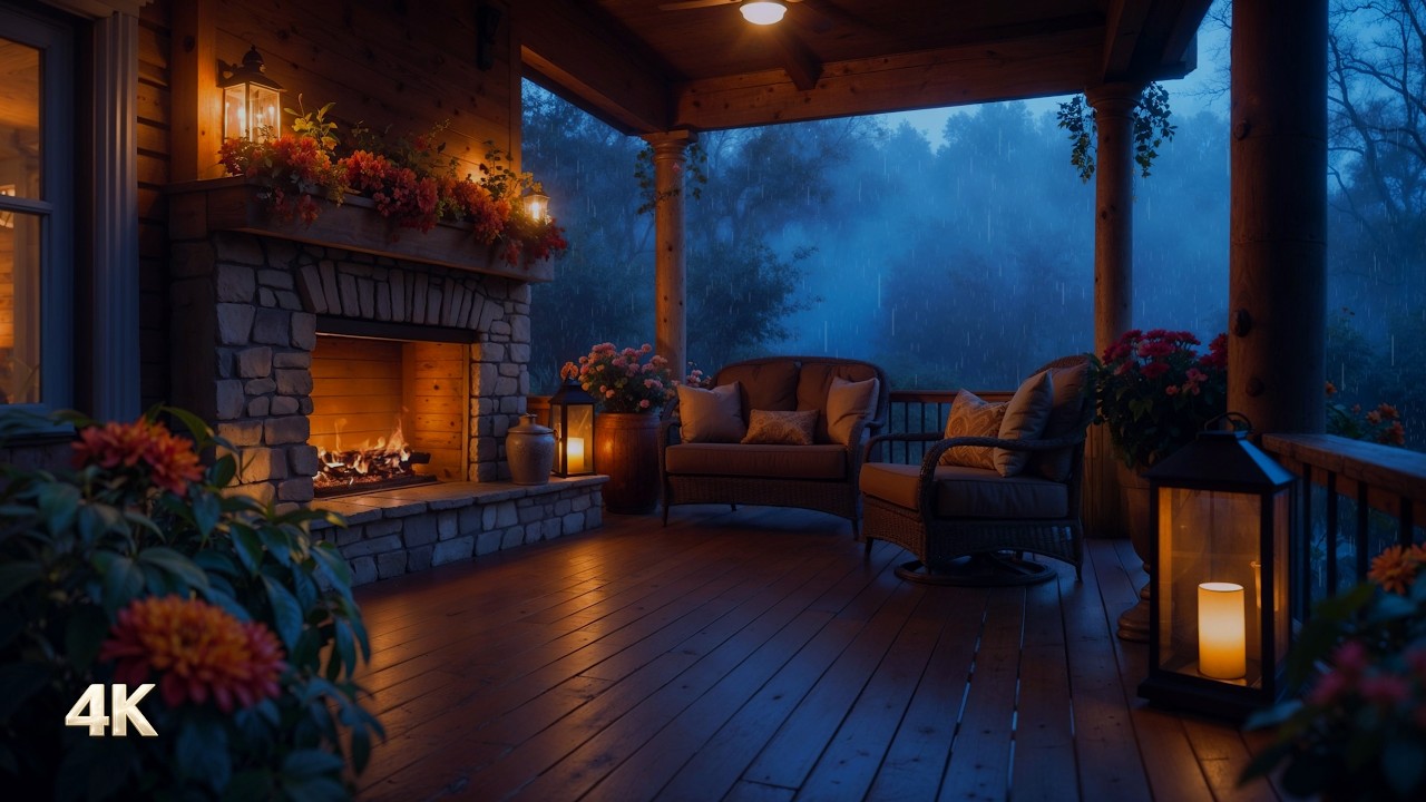 Sons naturels pour bien dormir, le feu de cheminée crépite pendant que la pluie tombe