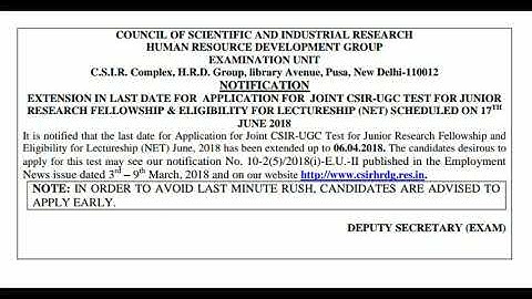 CSIR-UGC Test June 2018 Extension in Last Date For Online Application