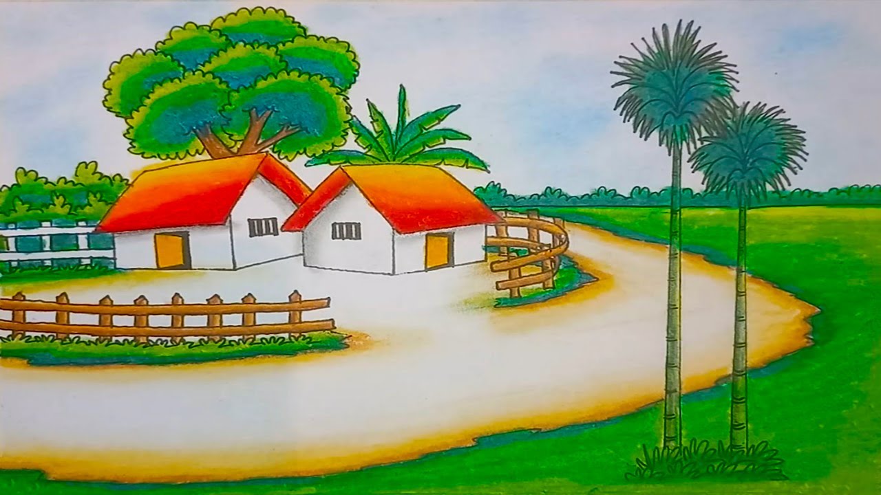 Village Scenery, Drawing by Krishna Art Gallery | Artmajeur