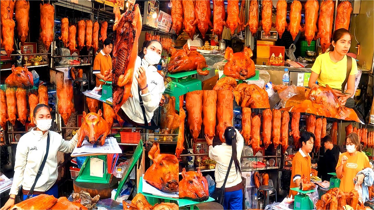 Cambodian Popular Roasted Pig. Delicious Pork And Ducks at Orussey Market, Phnom Penh.
