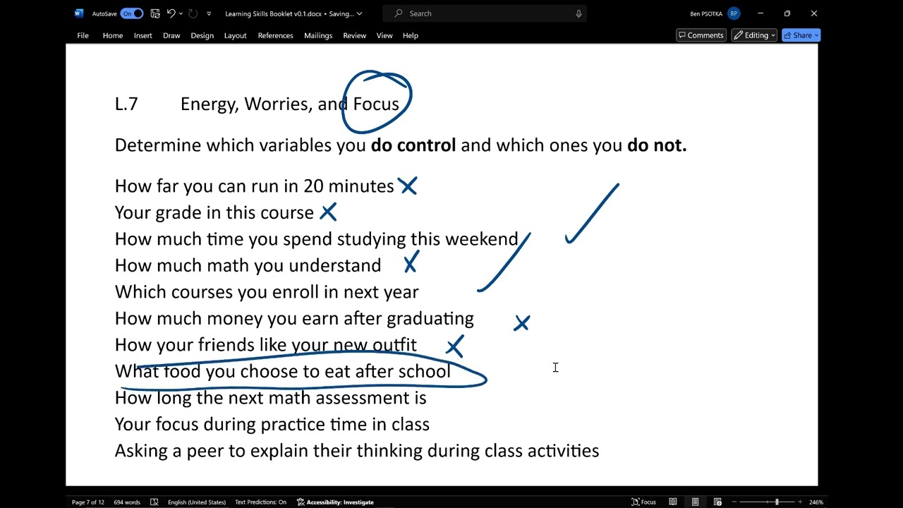 Learning Skills: Energy, Worries, & Focus