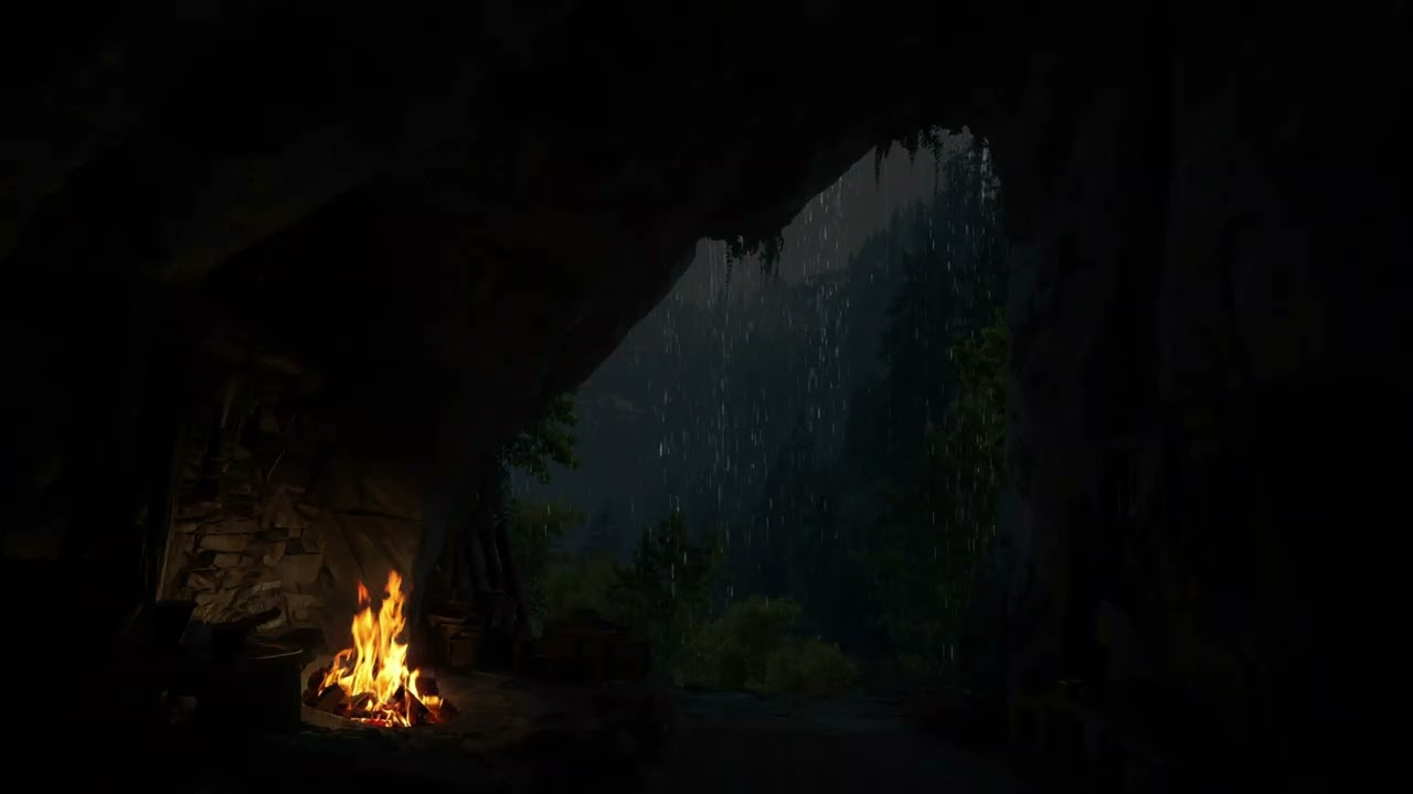 Dia Chuvoso: Relaxe Na Tranquilidade De Uma Gruta Acolhedora Com Uma Lareira Acolhedora