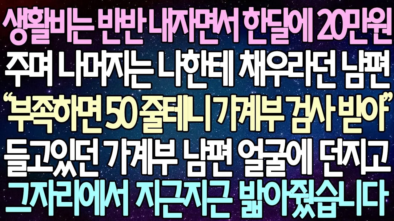 [반전사연] 생활비는 반반 내자면서 한달에 20만원 주며 나머지는 나한테 채우라던 남편 들고있던 가계부 남편 얼굴에 던지고 그자리에서 지근지근 밟아줬습니다 |사이다사연/라디오드라마