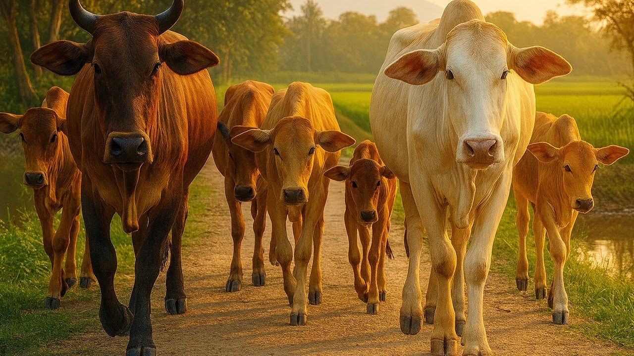 Puluhan Sapi Di pagi hari Berjalan Ke ladang rumput, Suara Sapi Moo, Aktivitas sapi lucu Di ladang