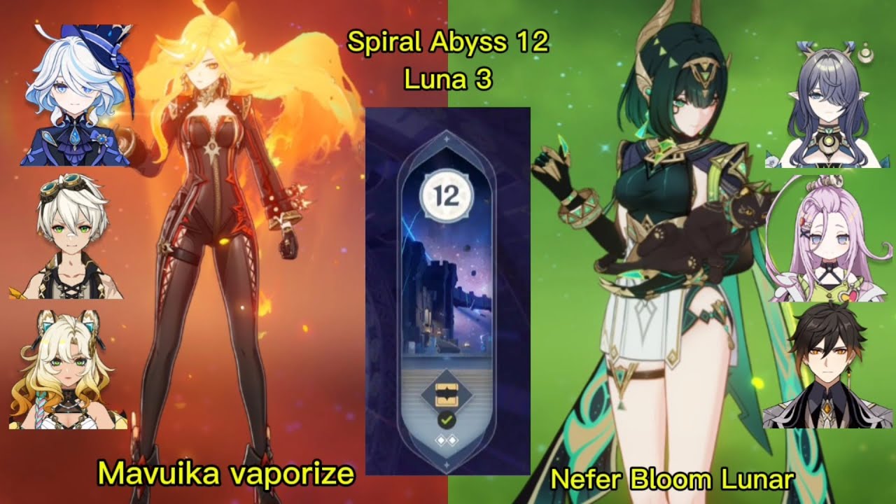 Spiral Abyss Genshin impact Luna 3 |C0 Mavuika vaporize & C0 Nefer Bloom Lunar 12 9 stars