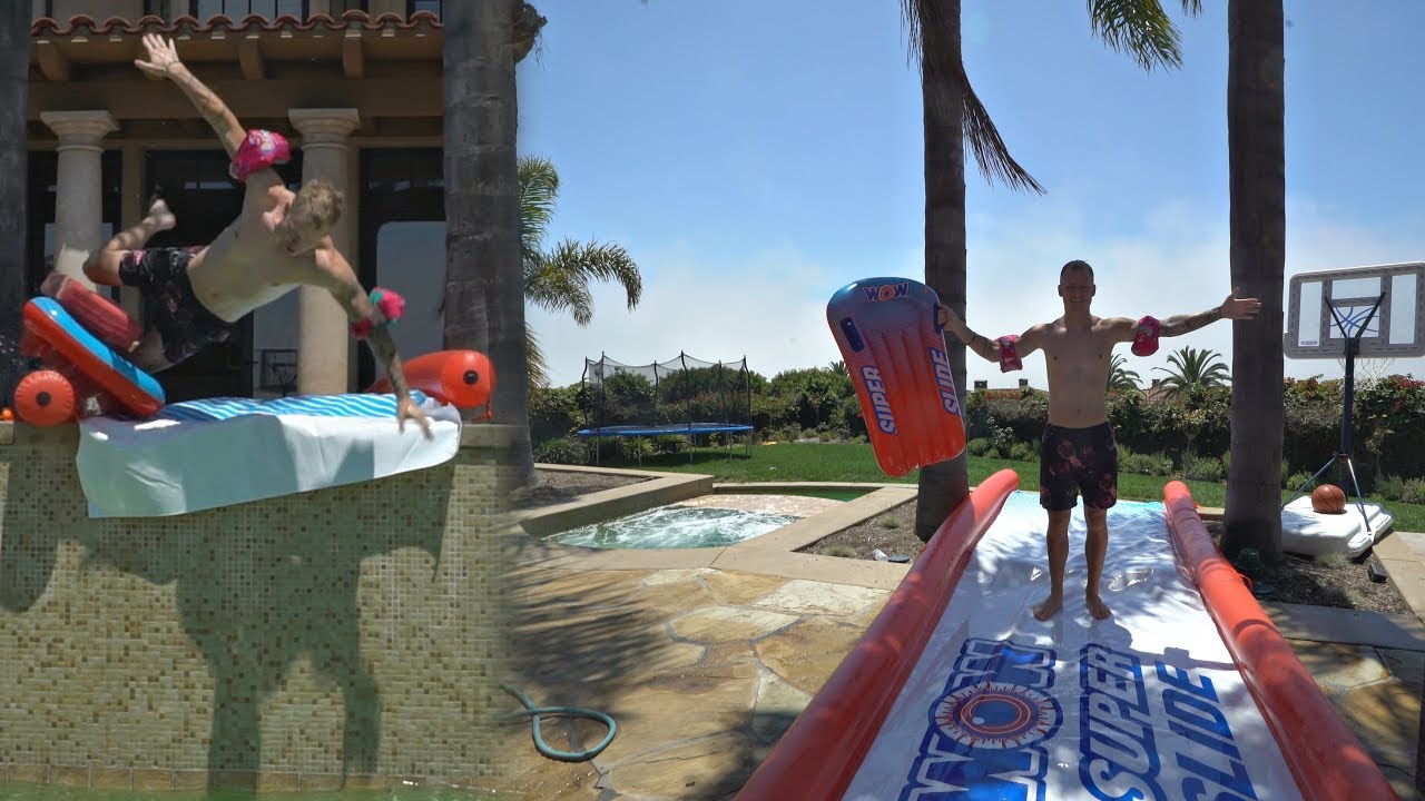 EPIC SLIP N SLIDE INTO POOL *BAD IDEA AGAIN?* YouTube