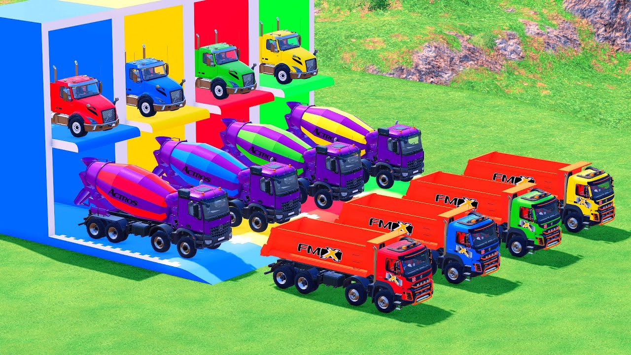 Garage with Colors - ALL MIXER TRUCK WITH DOUBLE FLATBED TRAILER TRUCK, FREIGHTLINER, IVECO, MACK