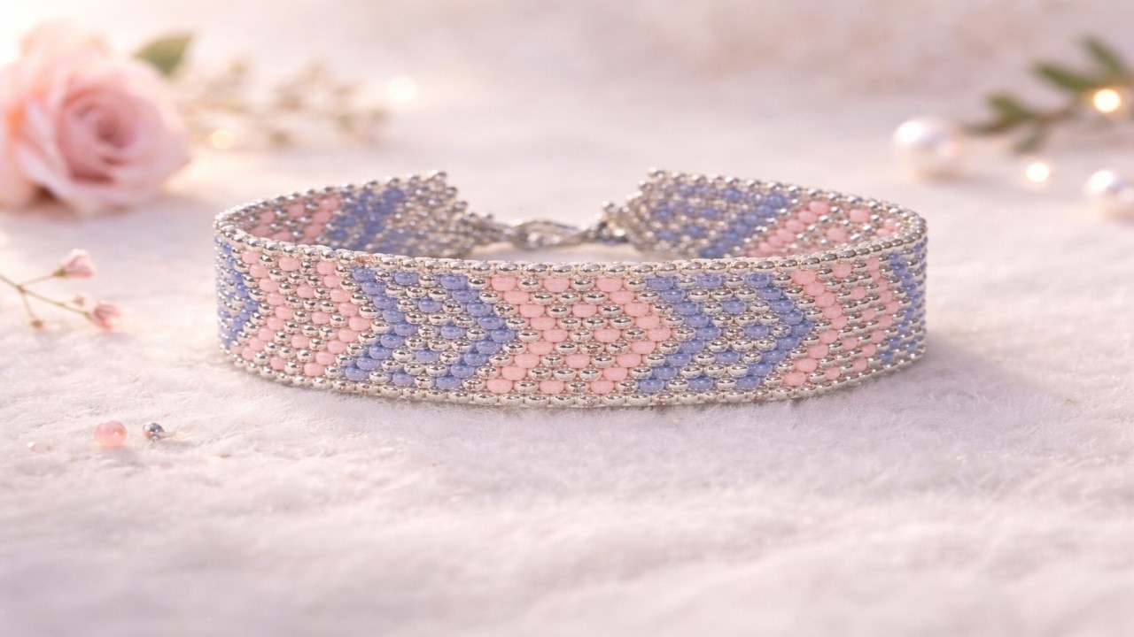 Bracelet tissage peyote argenté lila et rose