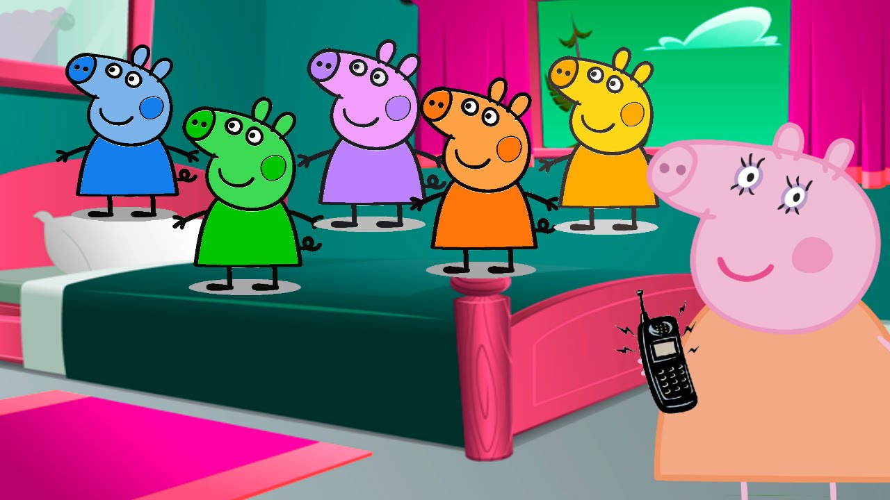 Five Little Peppa Pig Color Jumping on the Bed 5 Little Monkeys