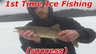 FIRST TIME Ice Fishing and FIRST FISH through the ice