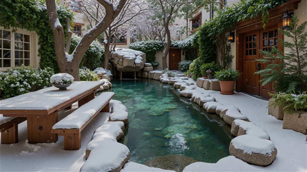 Snowy Garden Courtyard Jazz ❄️ Tranquil Water Reflections & Cozy Winter Ambience