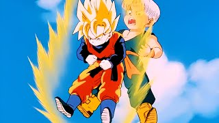 Goten suddenly activates SSJ which scared Trunks to the point of peeing in his pants