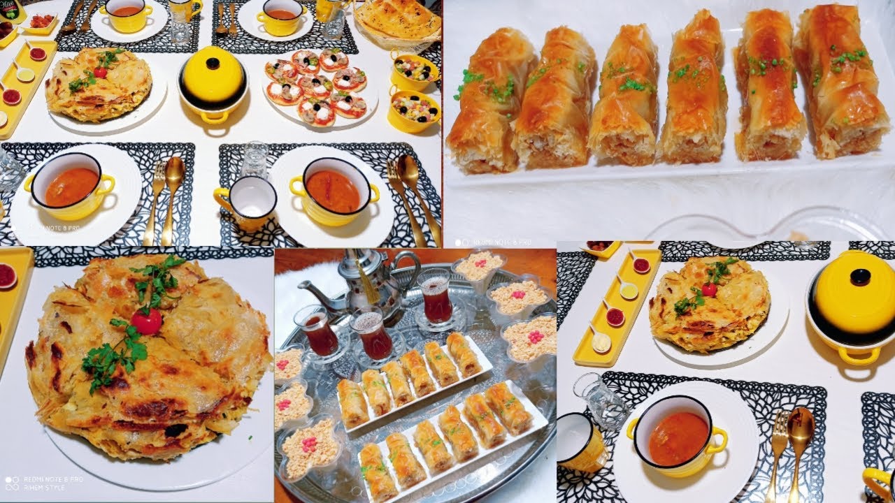 طاولة افطار متنوعة🌙بقلاوة مبرومة بعجينة فيلو و سر القرمشة⭐ طاجين الديول 🥰مهلبية بماء الزهر ⭐