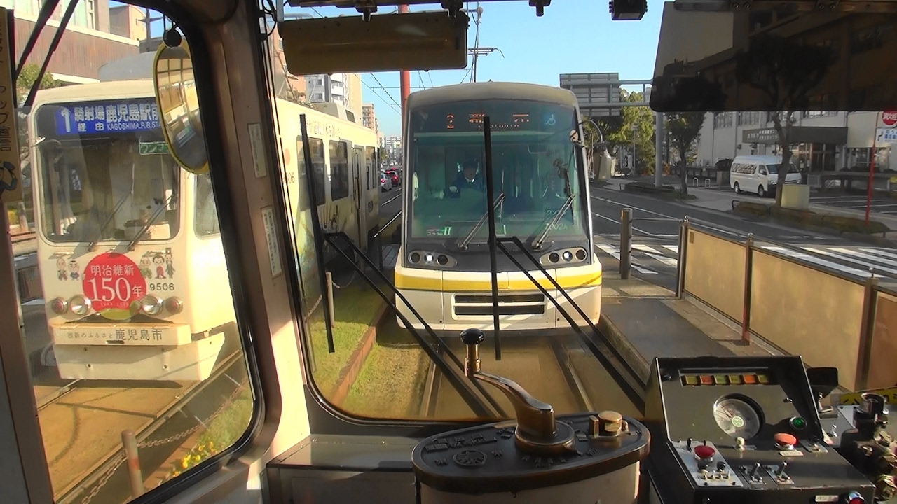 鹿児島市電　鹿児島駅前－谷山（ノーカット・9509号機・後面展望）と谷山電停 2017-1-31