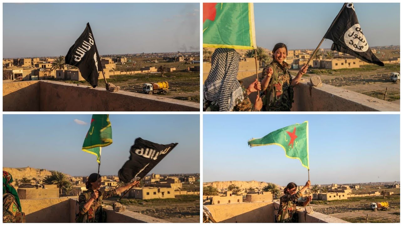 Bandera del ISIS derribada, bandera de las YPJ plantada en Baghoz