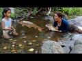 Top survival skills mother with daughter in forest- Catch big fish &amp; pick mussels for food +6cooking