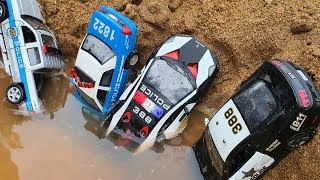 police car toy for kids | build bridge blocks toys | police car toy fall into the water