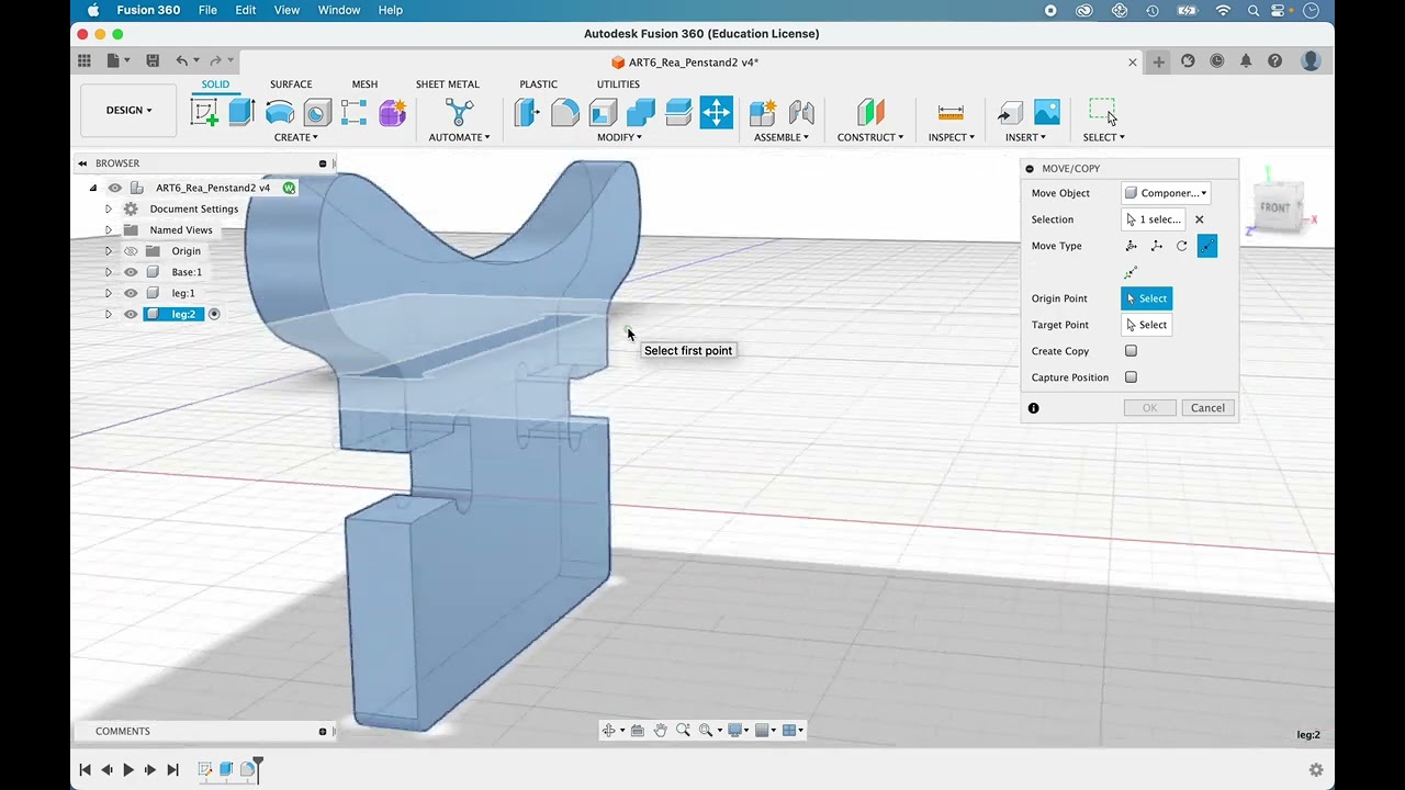 Fusion 360 Pen Stand 4:  Leg 2--Copy, Paste, and Move Point to Point