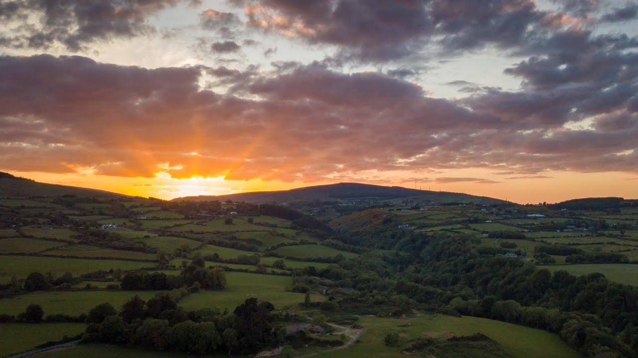 Aerial View of Sunset Over Glencullen Valley, Enniskerry, County Wicklow, Ireland