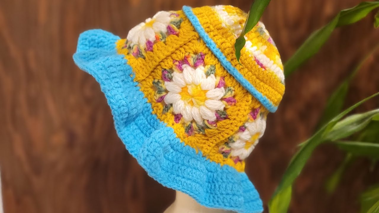 手作りニット帽　バケット　可愛い　お花　‼️モチーフ　多色　パープル　黄色他 編み方③】お花畑のようなバケットハットを作るよ( ᵕ̈ ) - YouTube