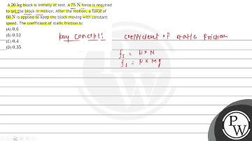 A \( 20 \mathrm{~kg} \) block is initially at rest. A \( 75 \mathrm{~N} \) force is required to ...