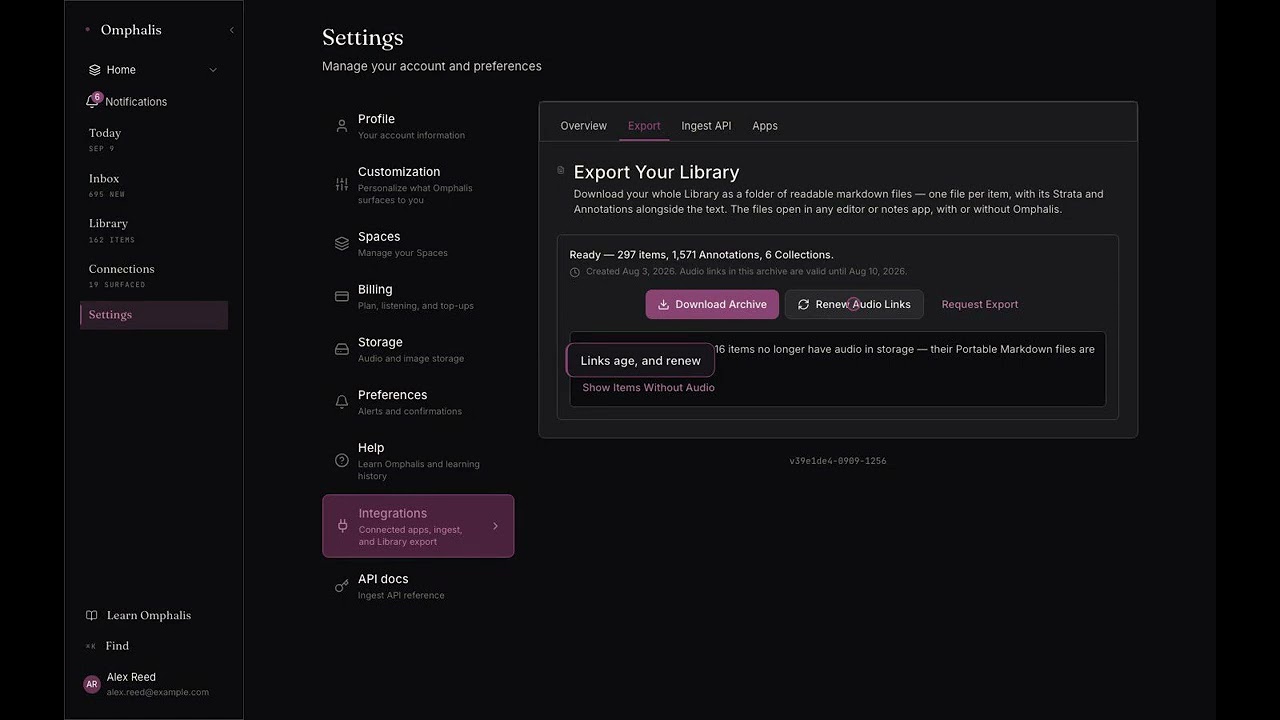 The Omphalis export card with an archive ready to download, counting items, annotations and Collections