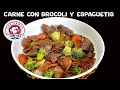 Carne con brocoli y espagueti.  Comida China