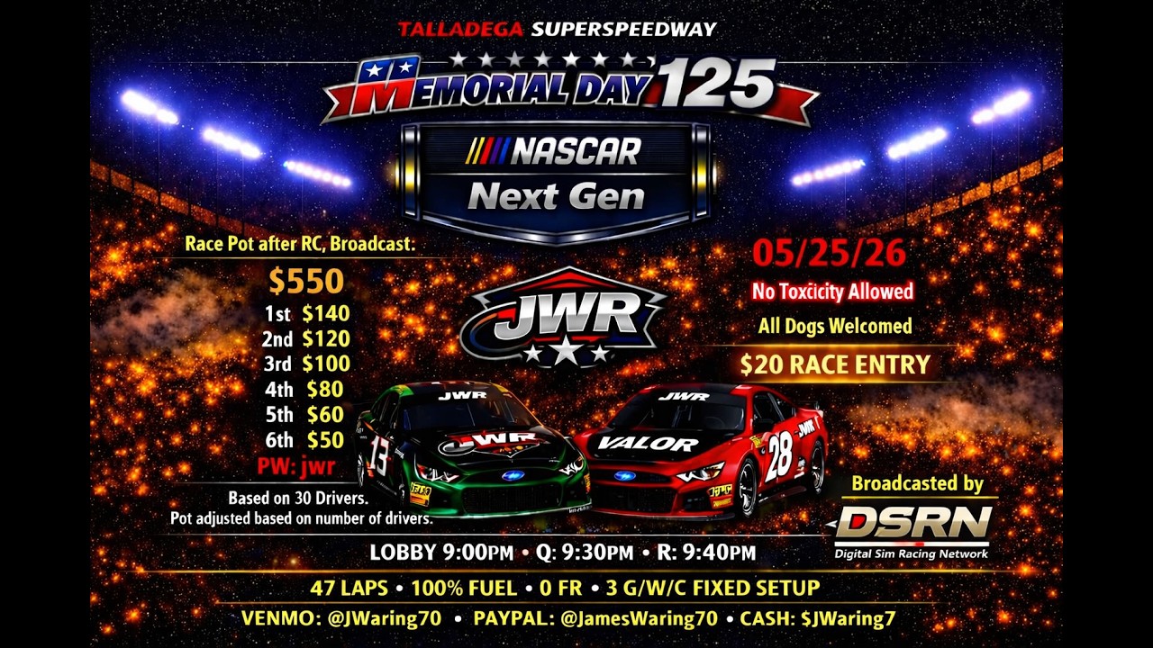 JWR eSports Memorial Day 125 - Next Gen at Talladega - iRacing - YouTube