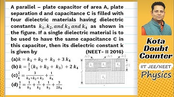 A parallel-plate capacitor of area A, plate separation d and capacitance C is filled with four