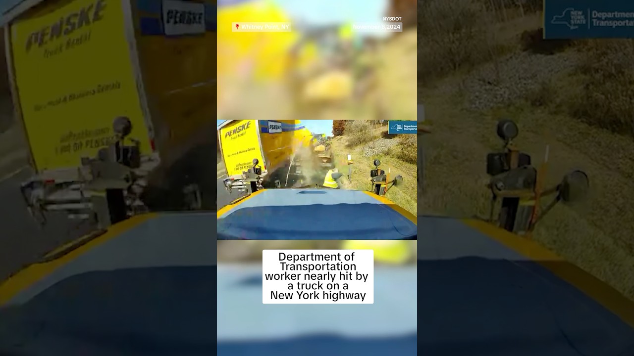 Department of Transportation worker nearly hit by a truck off a New York highway Department of Transportation worker nearly hit by a truck off a New York highway