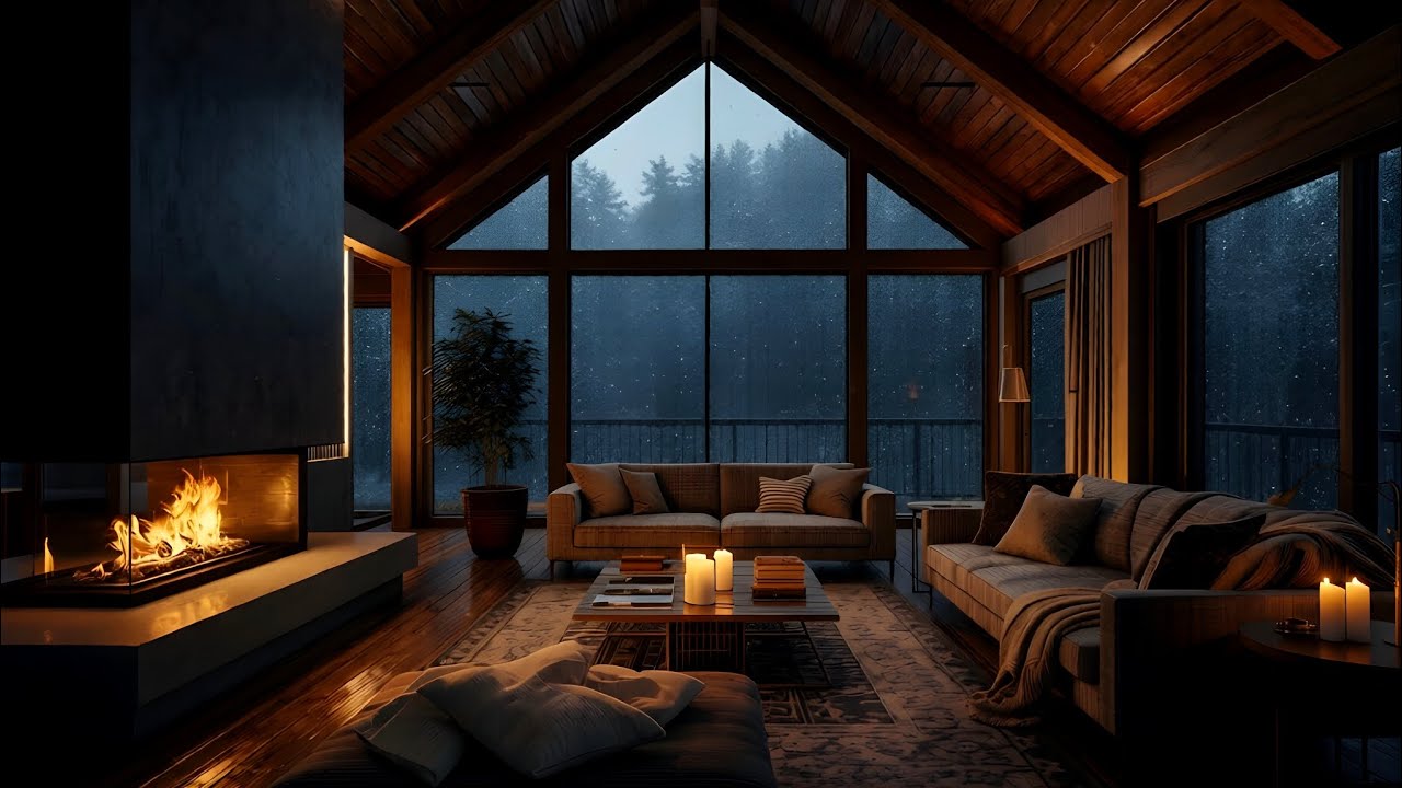 Relaxing Rain Outside a Loft Cabin Fireplace | 4K Cozy Night Ambience