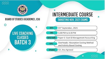 Intermediate Paper-3: CMA | Topic: Overheads: Absorption Costing...| Session 2 | 03 September, 2021