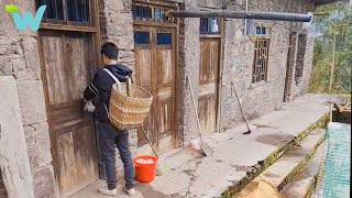 The poor boy cleans the stone house . Reclaiming the forest for planting and rasing