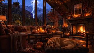 Relaxing Autumn Cabin Ambience 🍂 Thunderstorm, Fire & Sleeping Dog