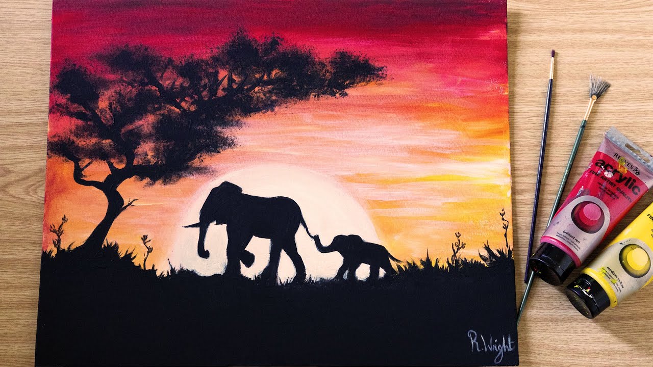 Step-by-step Elephant Sunset Painting Tutorial - YouTube