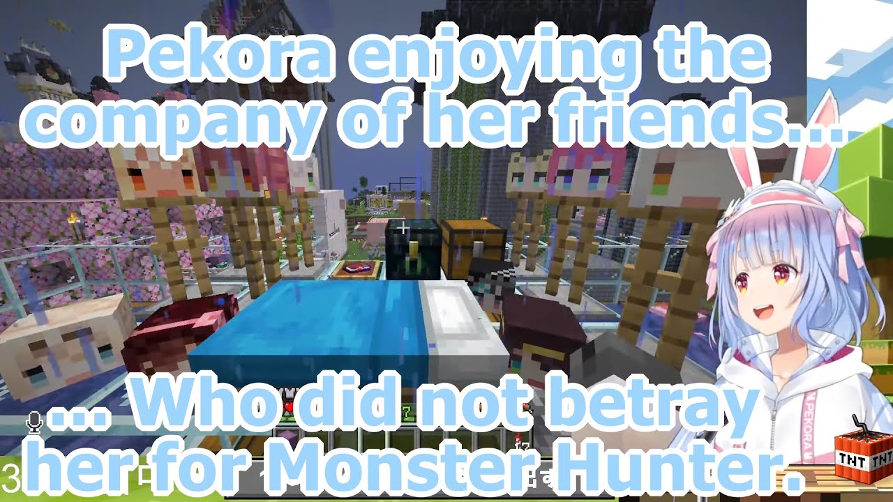 Pekora having a lovely time at 6am with friends on the holo server on Monster Hunter release day.