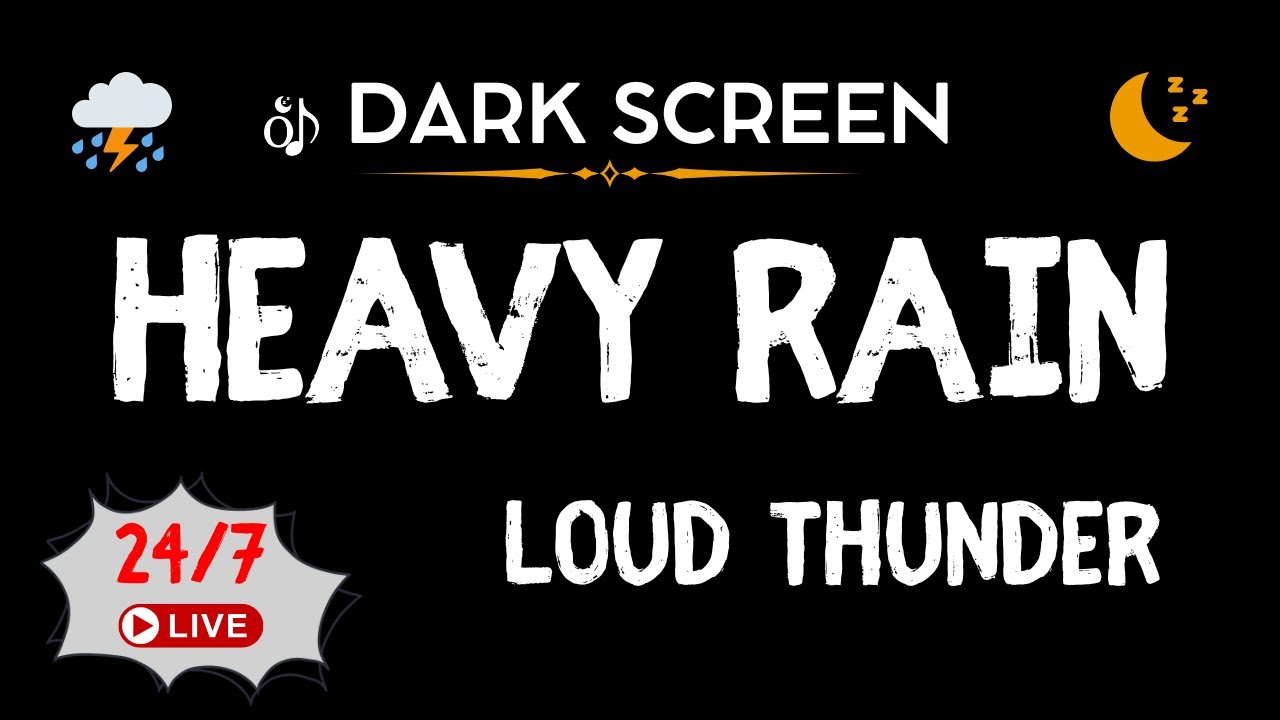 HEAVY Rain & Thunder Sounds for Sleep | Black Screen, No Light (24/7 Live)