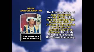 Jane Vaudroque nee Jn. Baptiste ~ Short Obituary