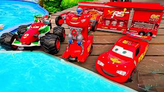 Disney Pixar Cars falling into deep pool, Lightning McQueen, Tow Mater, Mack, Sally, Francesco