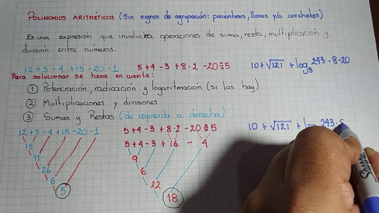 Solución de polinomios aritméticos sin signos de agrupación - YouTube