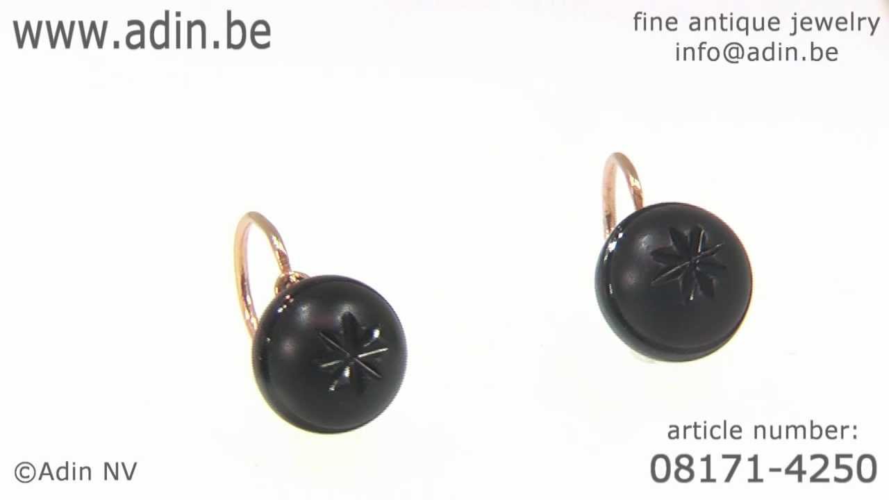 Gold French Victorian engraved black jet button earrings. (Adin reference: 08171-4250)