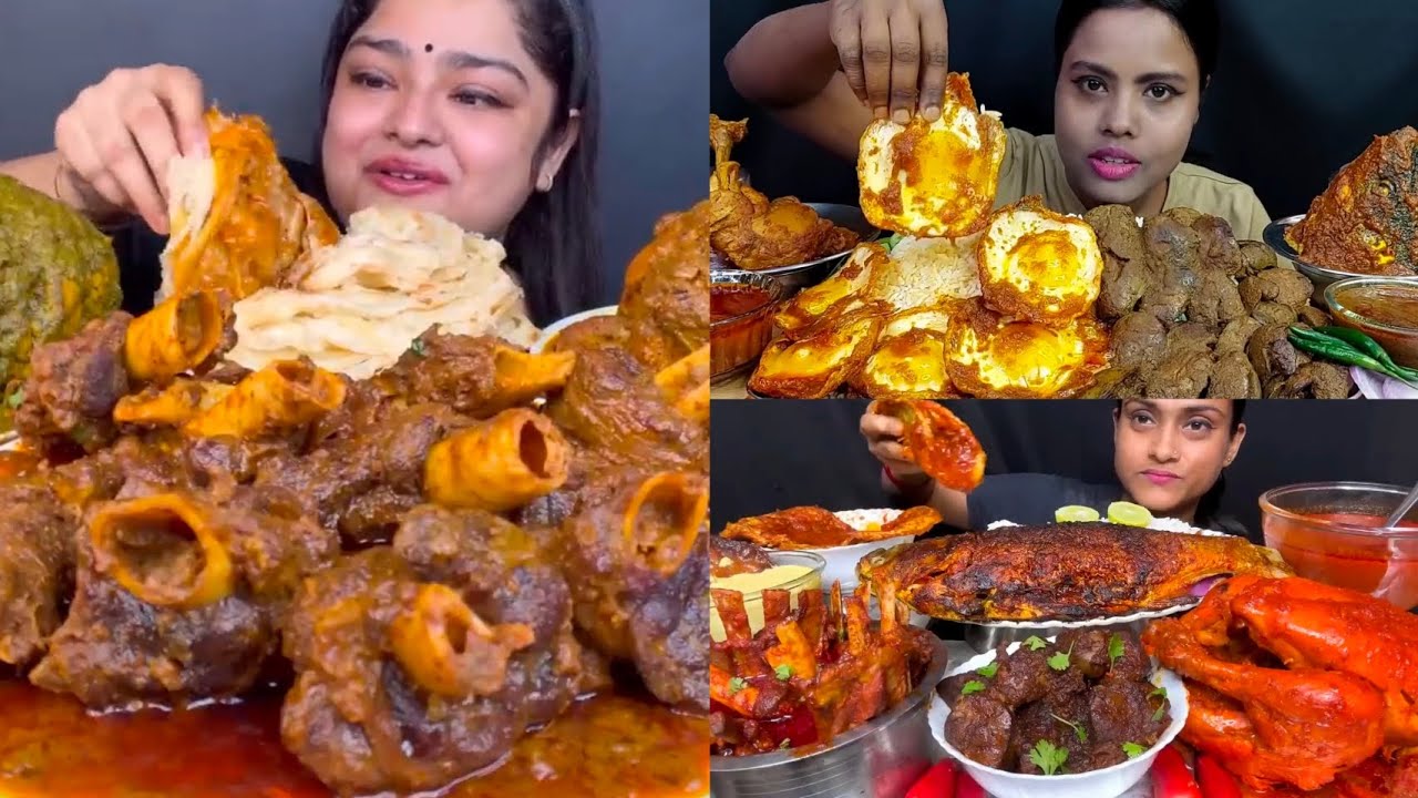 Mutton Curry Chicken Leg Curry Fish Curry Egg Fry Liver Curry Rice Parotta Salad Mukbang