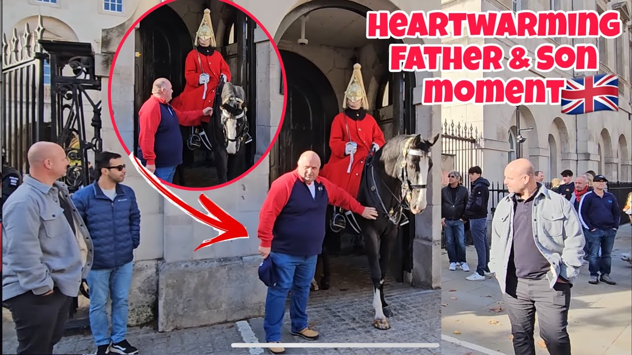 Гордый отец не может скрыть своих эмоций, увидев сына в форме королевской гвардии в Конной гварди...