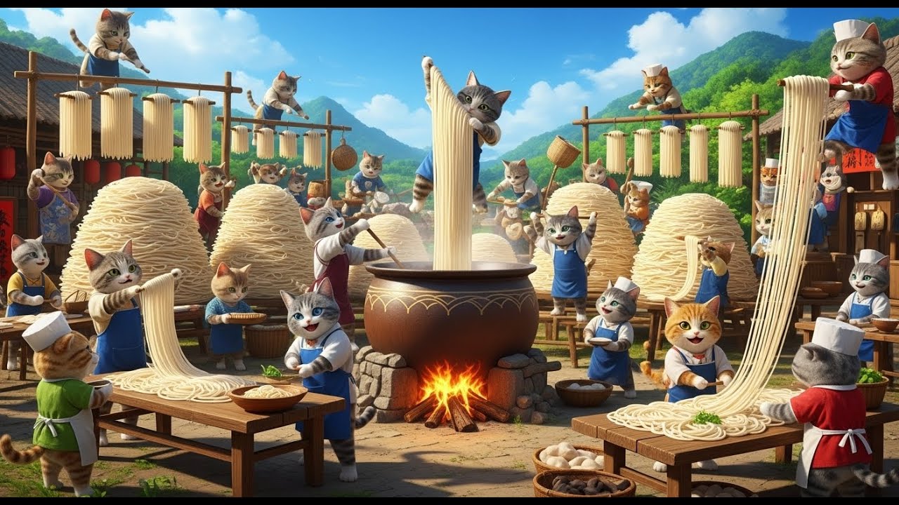 Realistic Cat Cooking Noodles in Village | Pure ASMR | No Music