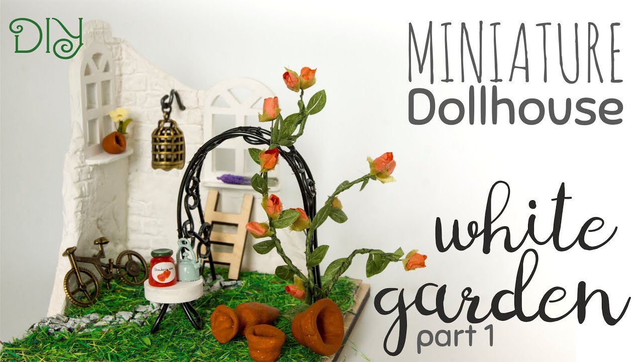 DIY Miniature dollhouse/ white garden/ 1 part/ lawn, brick wall, coffee table, arch, climbing rose