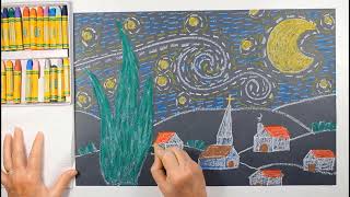 How to Draw The Starry Night Inspired by Vincent Van Gogh with Oil Pastels for Beginners Timelapse screenshot 5