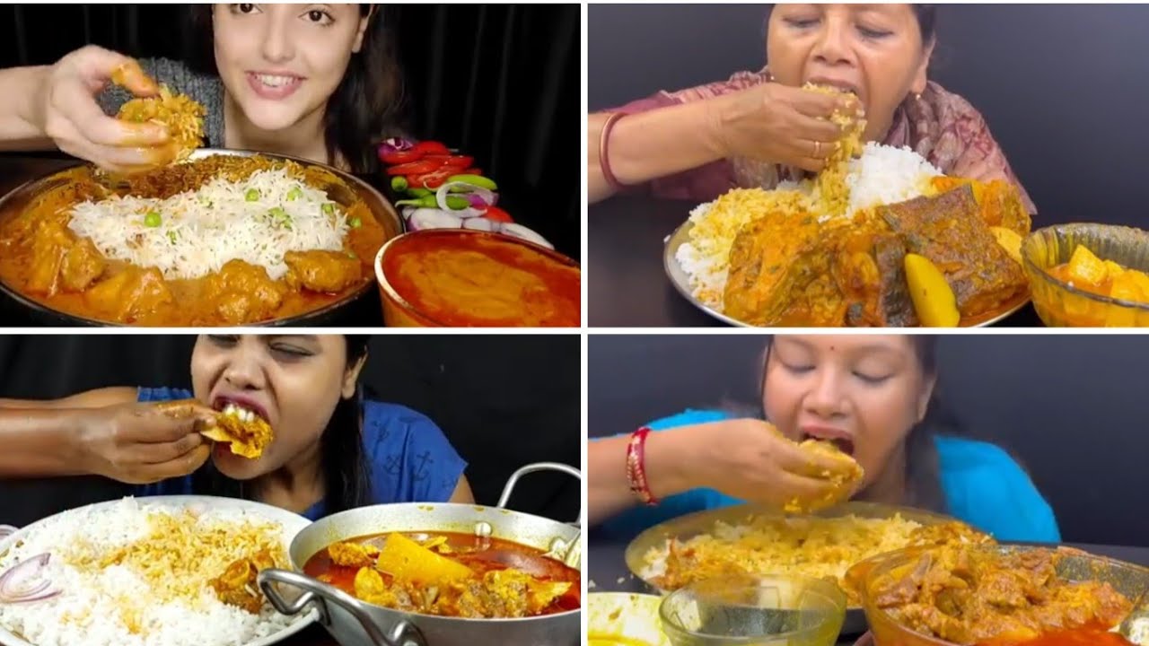 ASMR Eating Chicken Red Curry, Fish Red Curry, Mutton Red Curry 🍛 With Rice 🌾 || Mukbang Eating Show