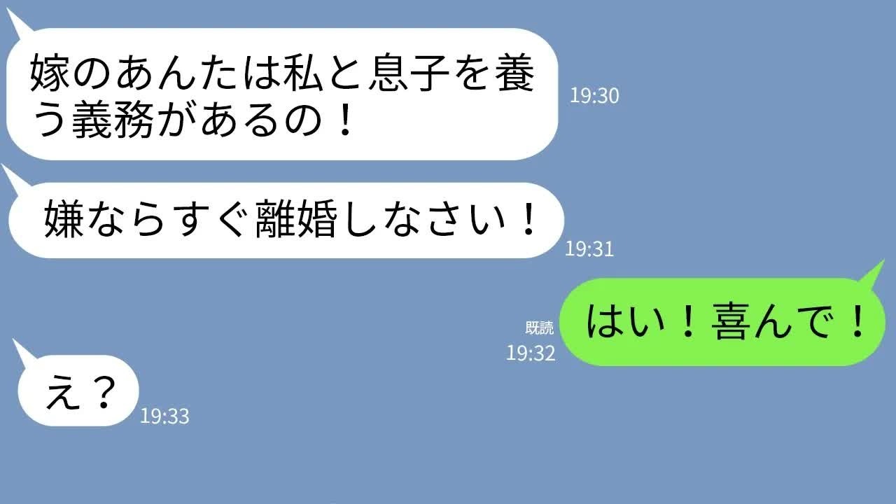 【LINE】高収入の嫁に生活費全額払わせる姑「息子と私を養えないなら離婚しろ」→嫁が全て姑の要求通りにしてやった結果w