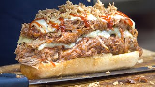 Pulled Pork Meat Drenched in Yummy Sauces. Baguettes, Bagels and Buns. London Street Food