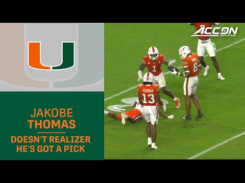 Miami DB Jakobe Thomas Doesn't Realize He's Got An Interception